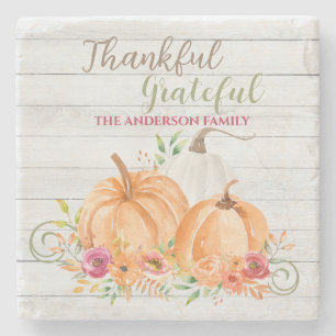 Thankful Grateful Autumn Fall Pumpkin Watercolor Stone Coaster