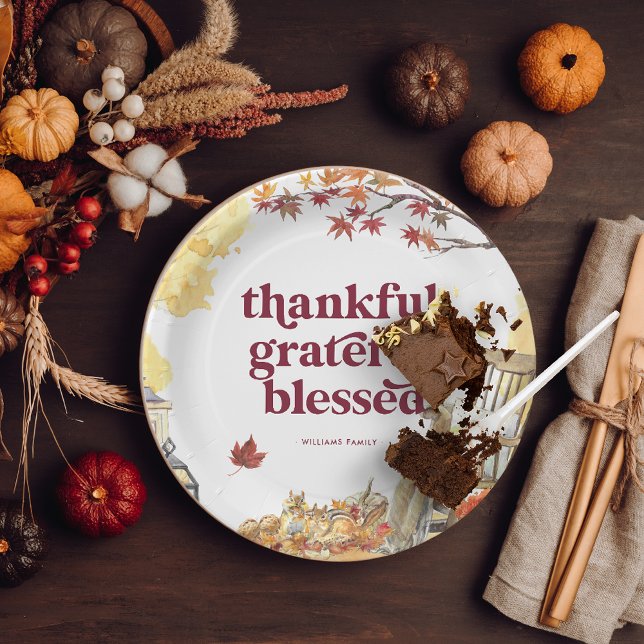 Thankful Grateful | Autumn Thanksgiving Monogram Paper Plate (Creator Uploaded)