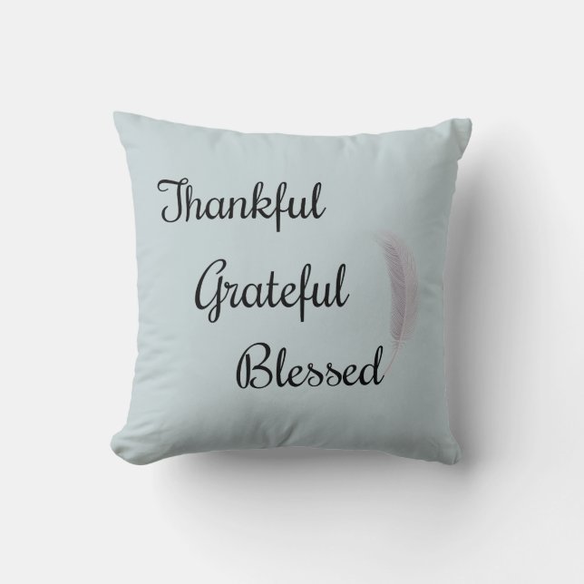 Thankful Grateful Blessed Angel Feather Dusty Blue Cushion (Front)