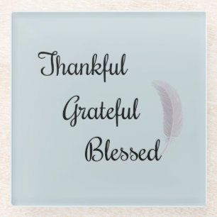 Thankful Grateful Blessed Angel Feather Dusty Blue Glass Coaster