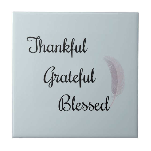 Thankful Grateful Blessed Angel Feather Dusty Blue Tile (Front)