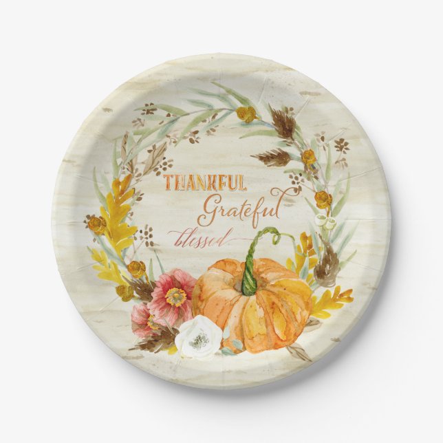 Thankful Grateful Blessed Autumn Harvest Pumpkin Paper Plate (Front)