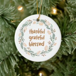 Thankful Grateful Blessed Autumn Wreath Ceramic Tree Decoration