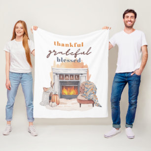 Thankful Grateful Blessed Boho Thanksgiving Fleece Blanket