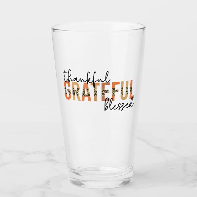 Thankful Grateful Blessed Cheetah Print Typography Glass (Front)