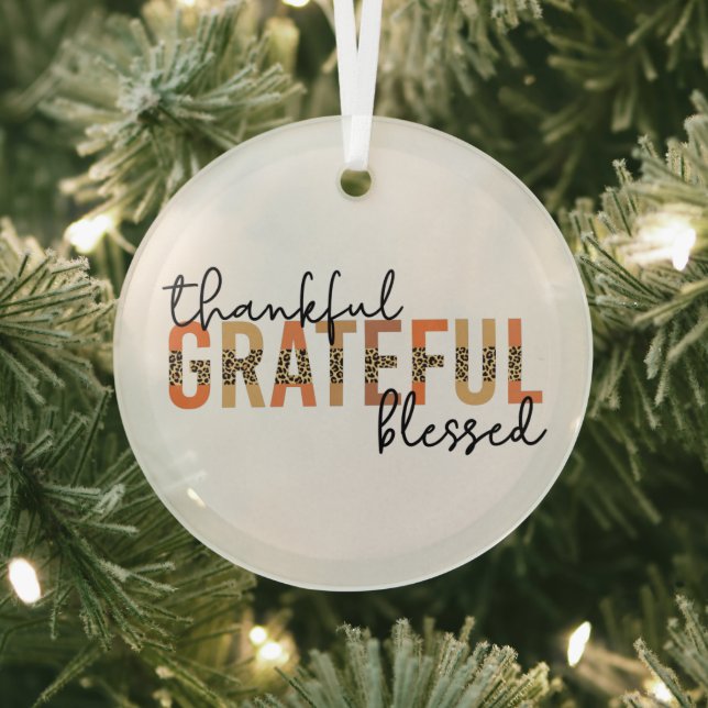 Thankful Grateful Blessed Cheetah Print Typography Glass Tree Decoration (Insitu)