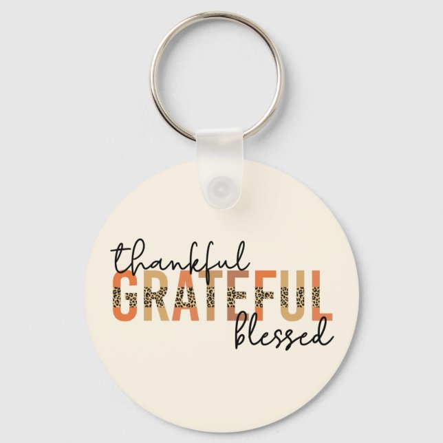Thankful Grateful Blessed Cheetah Print Typography Key Ring (Front)