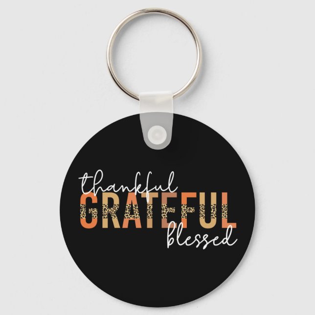 Thankful Grateful Blessed Cheetah Print Typography Key Ring (Front)