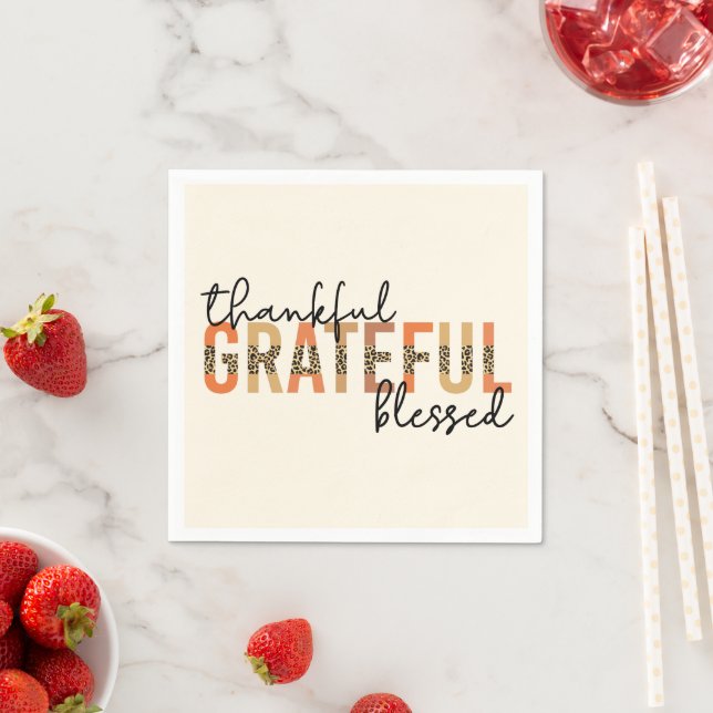 Thankful Grateful Blessed Cheetah Print Typography Napkin (Insitu)