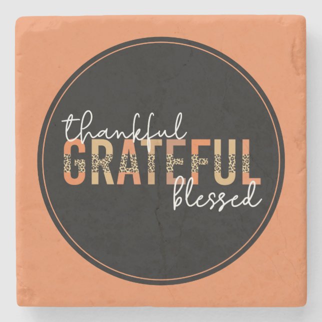 Thankful Grateful Blessed Cheetah Print Typography Stone Coaster (Front)