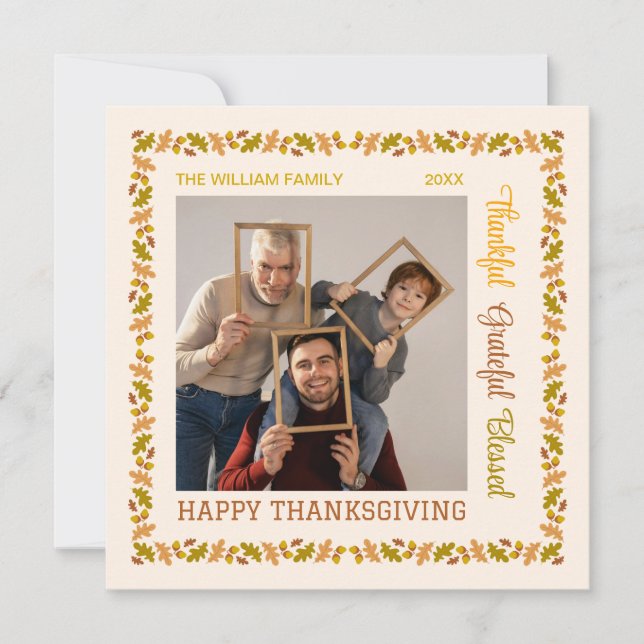 Thankful Grateful Blessed Chic Thanksgiving Photo Holiday Card (Front)