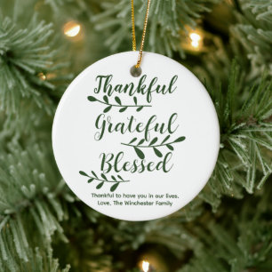 Thankful Grateful Blessed dark green modern script Ceramic Tree Decoration