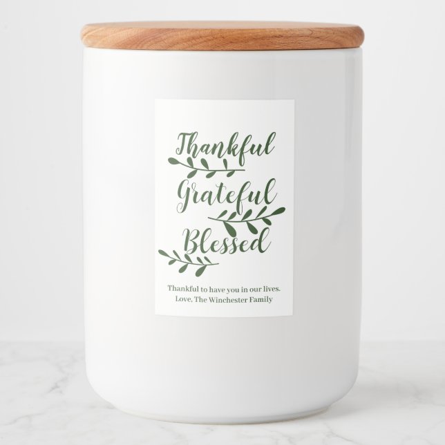 Thankful Grateful Blessed dark green modern script Food Label (Front)