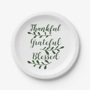 Thankful Grateful Blessed dark green modern script Paper Plate