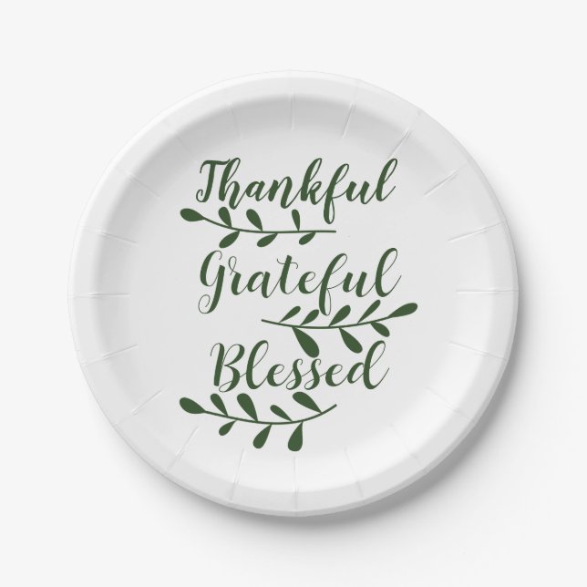 Thankful Grateful Blessed dark green modern script Paper Plate (Front)