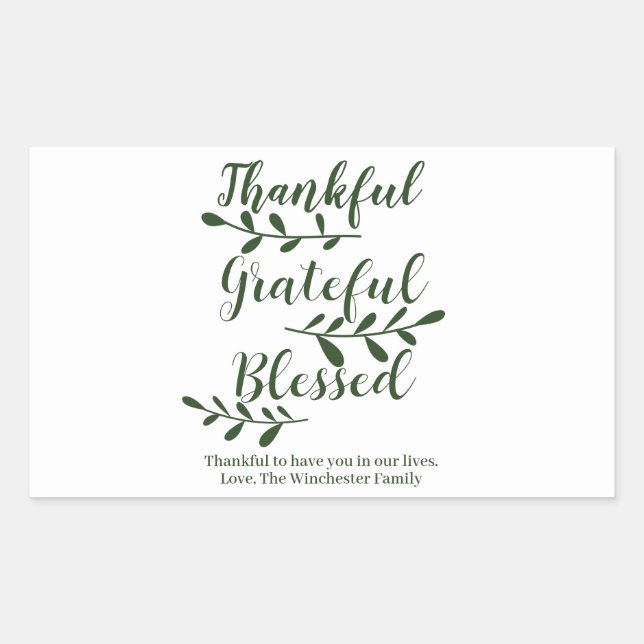 Thankful Grateful Blessed dark green modern script Rectangular Sticker (Front)