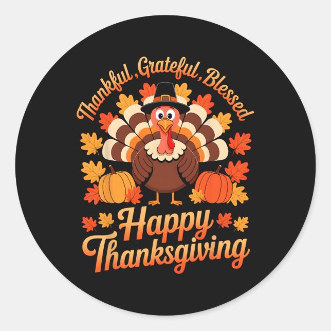 Thankful Grateful Blessed Fall Autumn Thanksgiving Classic Round Sticker (Front)