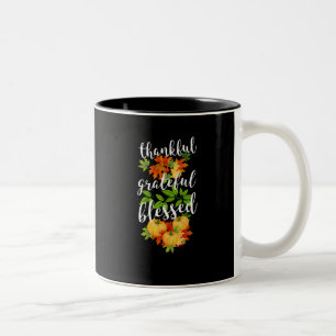 Thankful Grateful Blessed Fall Leaves Pumpkins Two-Tone Coffee Mug