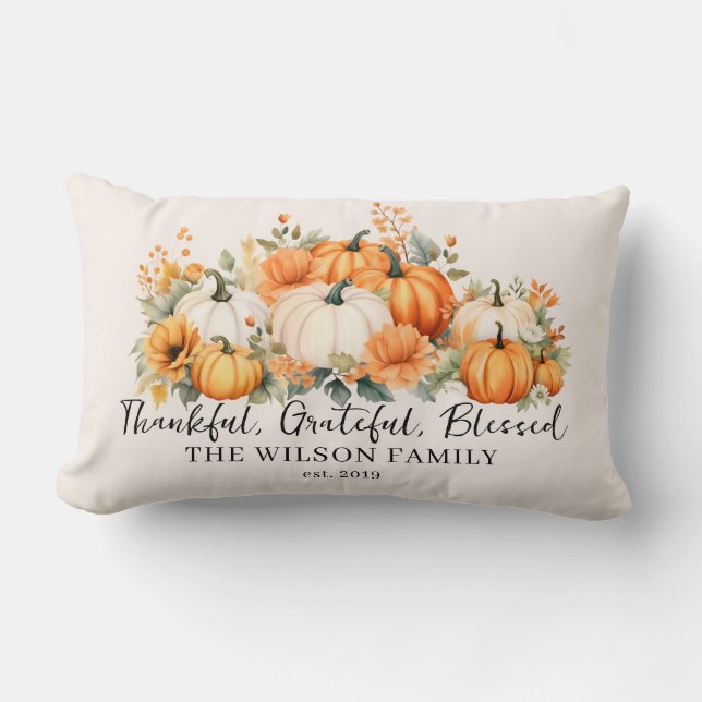 Thankful Grateful Blessed Fall Pumpkin Family Name Lumbar Cushion (Front)