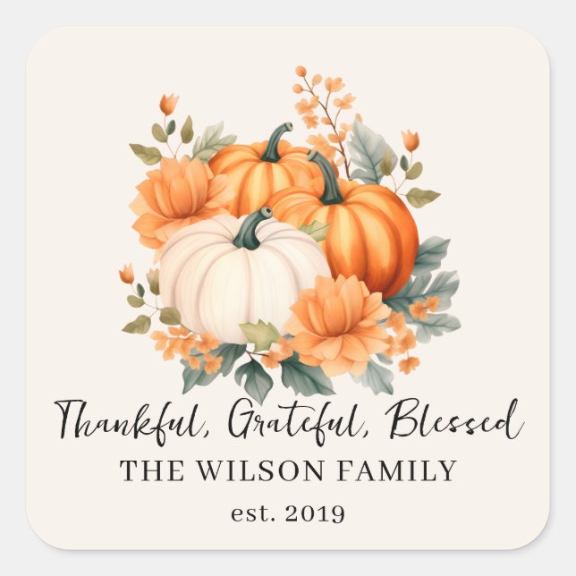 Thankful Grateful Blessed Fall Pumpkin Family Name Square Sticker (Front)