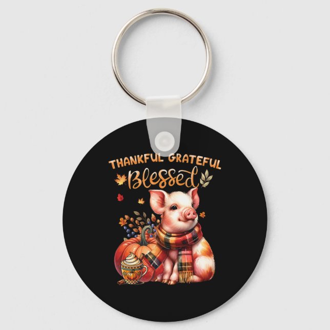 Thankful Grateful Blessed Farm Animal Pig Fall Y'a Key Ring (Front)