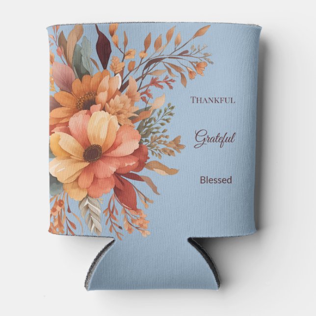Thankful grateful blessed Floral Thanksgiving  Can Cooler (Front)
