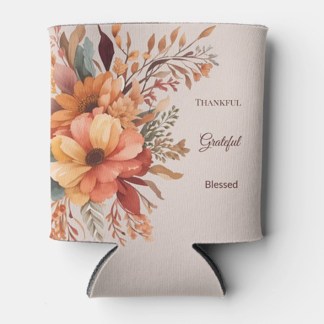 Thankful grateful blessed Floral Thanksgiving  Can Cooler (Front)