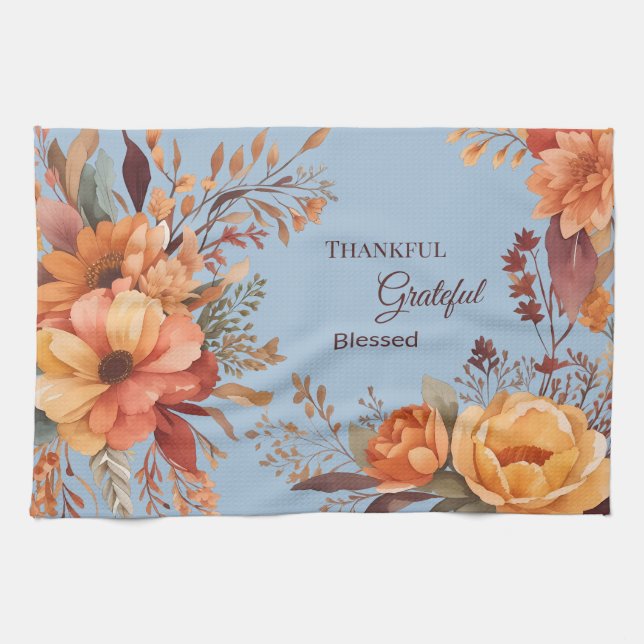 Thankful grateful blessed Floral Thanksgiving  Tea Towel (Horizontal)