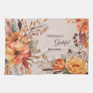 Thankful grateful blessed Floral Thanksgiving  Tea Towel