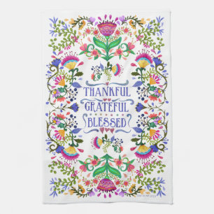 Thankful, Grateful, Blessed Folk Art Flowers Tea Towel