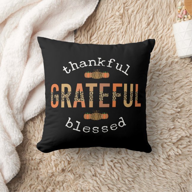Thankful Grateful Blessed Fun Leopard Print Fall Cushion (Blanket)
