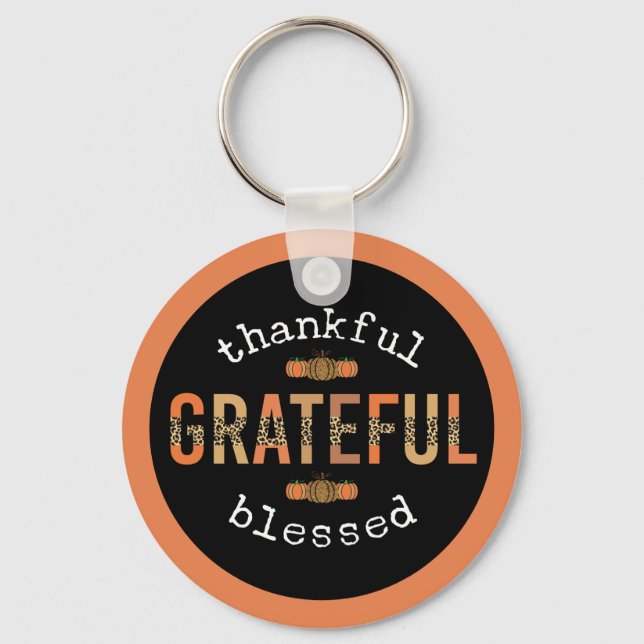 Thankful Grateful Blessed Fun Leopard Print Fall Key Ring (Front)