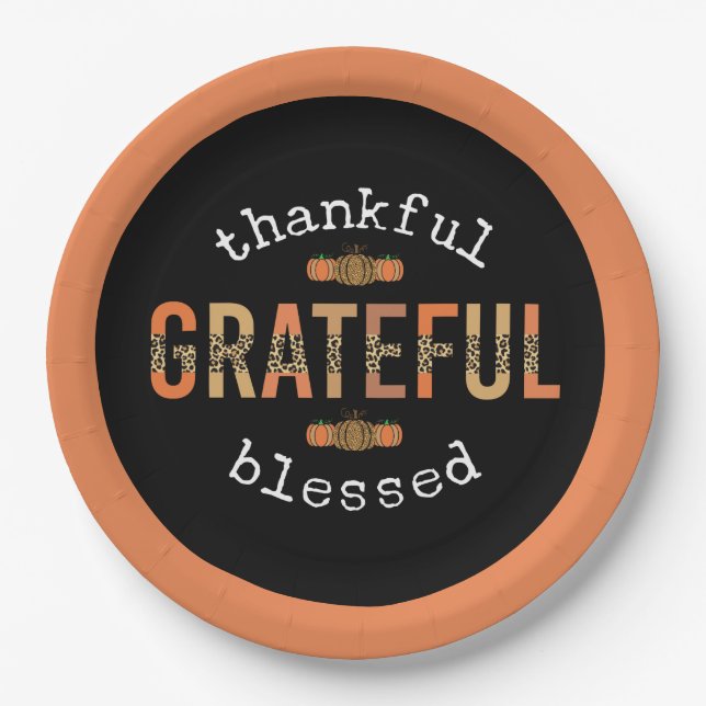 Thankful Grateful Blessed Fun Leopard Print Fall Paper Plate (Front)
