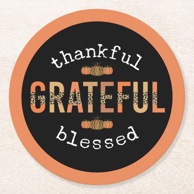 Thankful Grateful Blessed Fun Leopard Print Fall Round Paper Coaster (Front)