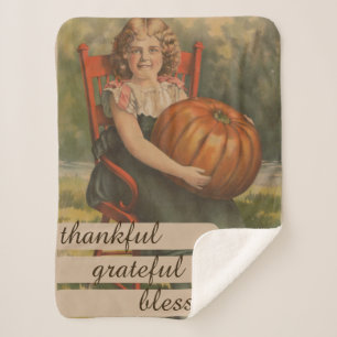 Thankful Grateful Blessed Girl with Pumpkin Sherpa Blanket