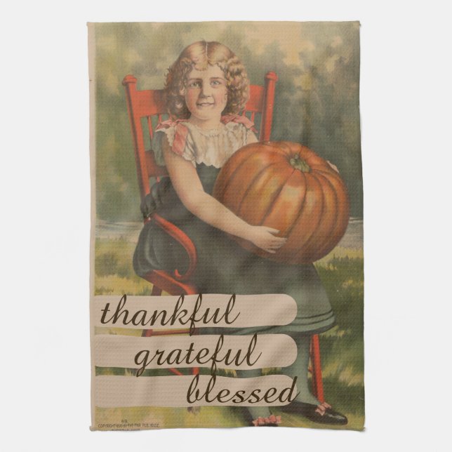Thankful Grateful Blessed  | Girl with Pumpkin Tea Towel (Vertical)