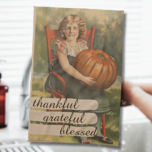 Thankful Grateful Blessed    Girl with Pumpkin Tea Towel