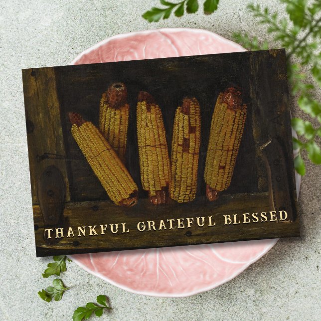 Thankful Grateful Blessed Hanging Ears of Corn Holiday Card (Creator Uploaded)