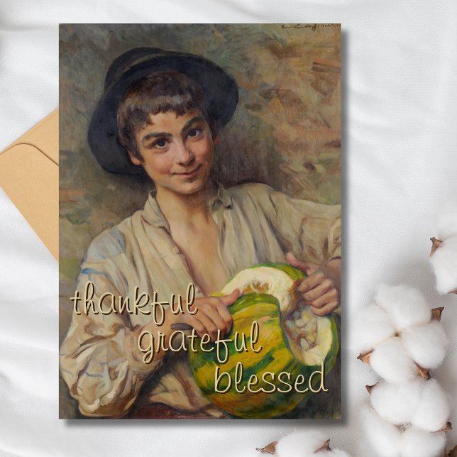 Thankful Grateful Blessed Italian Boy with Pumpkin Holiday Card (Creator Uploaded)