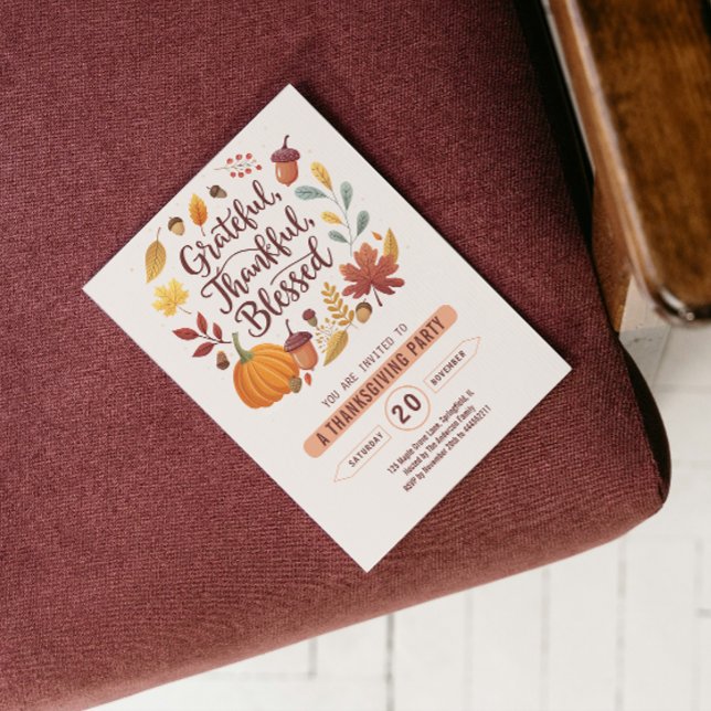 Thankful Grateful Blessed leaf Thanksgiving Fall Invitation (Thankful Grateful Blessed leaf Thanksgiving Fall Invitation funny quote give thanks wreath autumn )