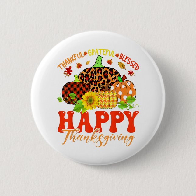 Thankful Grateful Blessed Leopard Plaid Pumpkin Th 6 Cm Round Badge (Front)