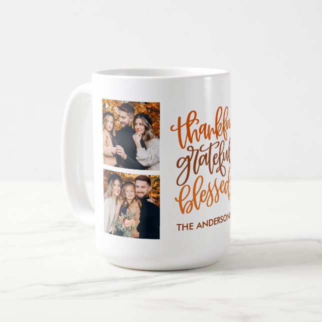 Thankful Grateful Blessed Name 4 Photo Fall Coffee Mug (Front Left)