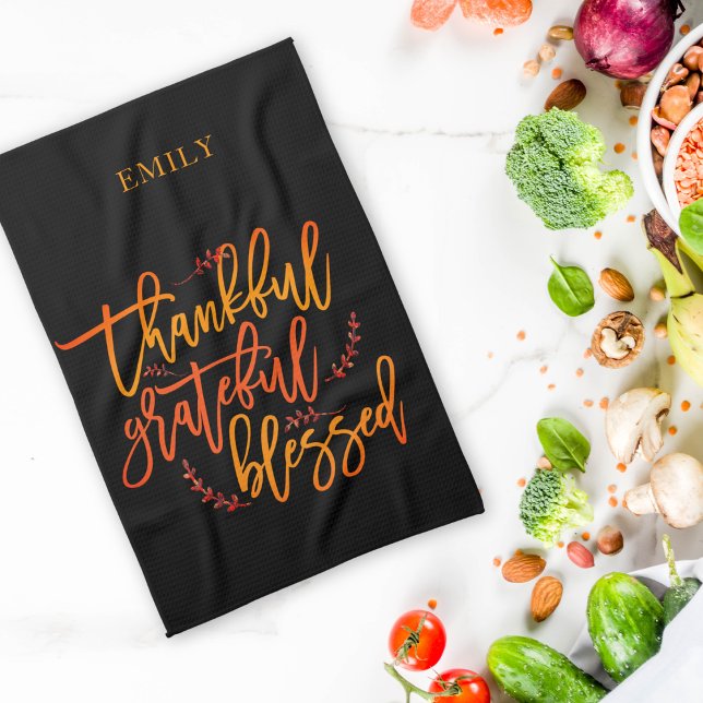 Thankful Grateful Blessed Name Orange Yellow Black Tea Towel (Creator Uploaded)