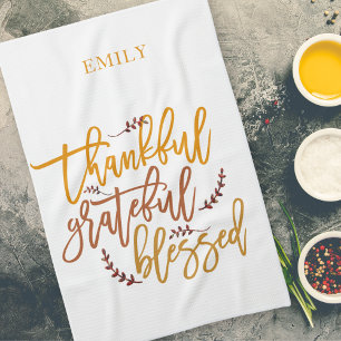 Thankful Grateful Blessed Name Terracotta White Tea Towel