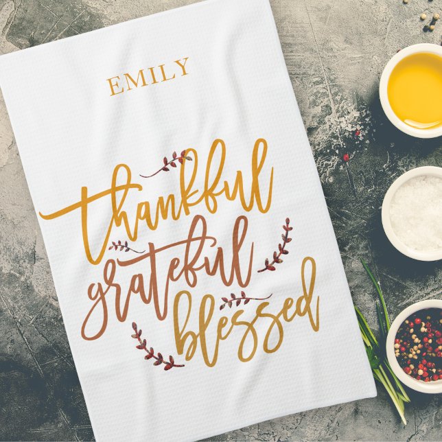 Thankful Grateful Blessed Name Terracotta White Tea Towel (Creator Uploaded)