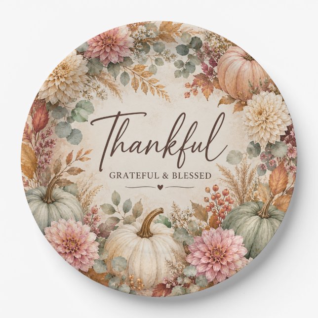 Thankful Grateful & Blessed Paper Plate (Front)
