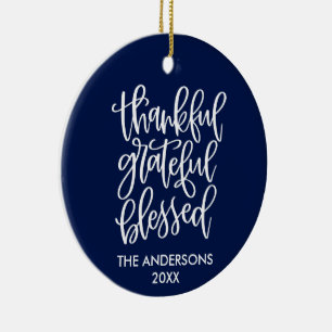 Thankful Grateful Blessed PHOTO BACK Blue Ceramic Tree Decoration