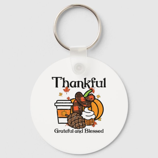 Thankful Grateful Blessed Pumpkin Coffee Thanksgiv Key Ring (Front)
