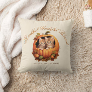 Thankful Grateful Blessed Pumpkin Fall Leaves Cushion