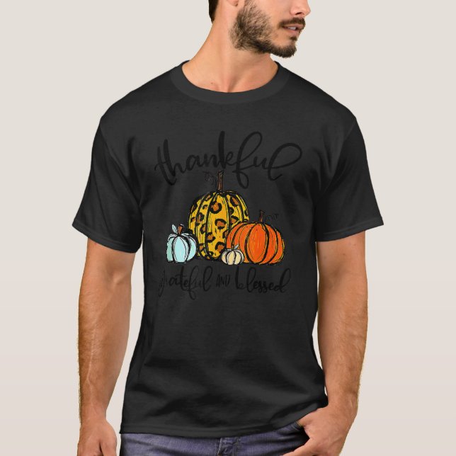 Thankful Grateful Blessed Pumpkin Leopard Plaid Th T-Shirt (Front)